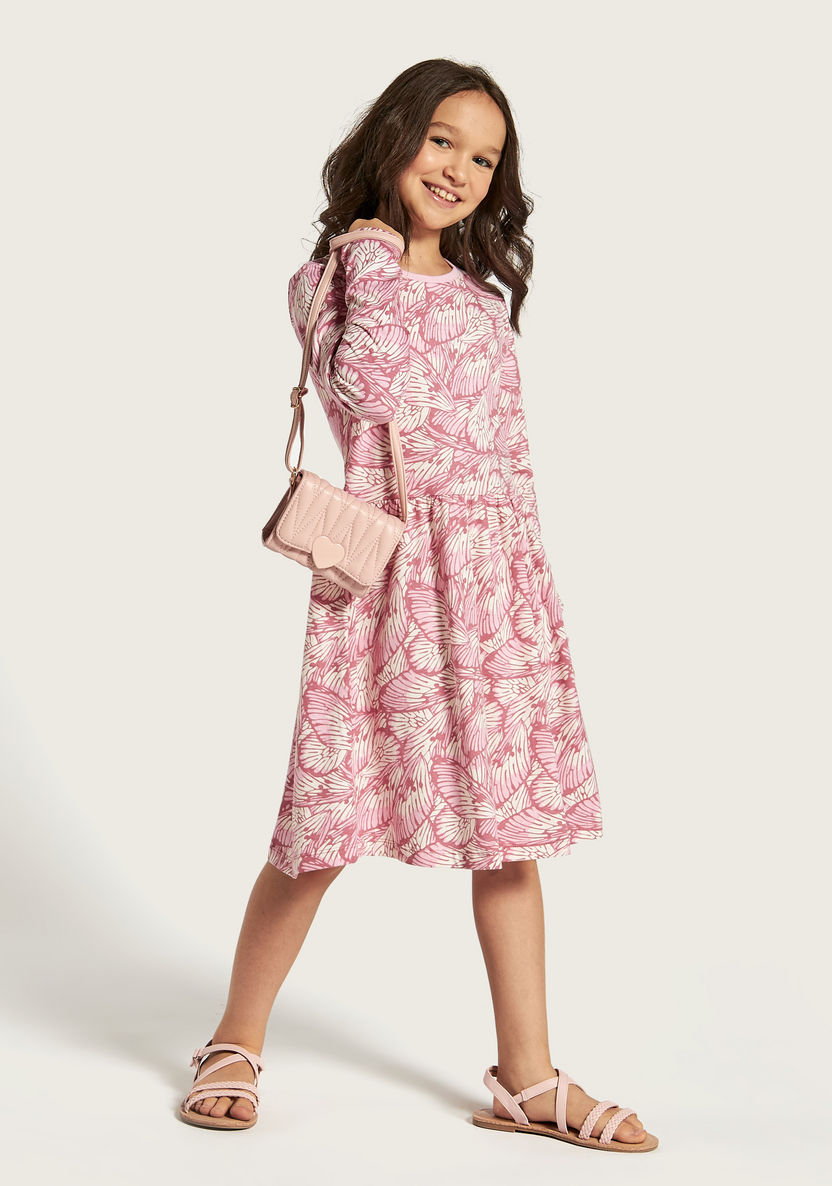 Juniors Printed Round Neck Dress with Long Sleeves-Dresses, Gowns & Frocks-image-0