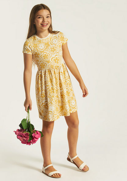 Juniors Floral Print Crew Neck Dress with Short Sleeves