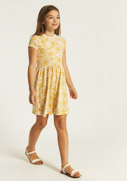 Juniors Floral Print Crew Neck Dress with Short Sleeves