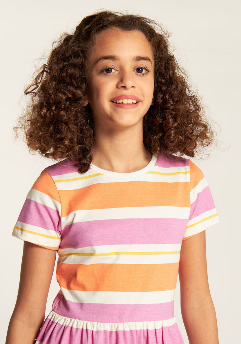 Juniors Striped Dress with Round Neck and Short Sleeves-Dresses, Gowns & Frocks-image-2