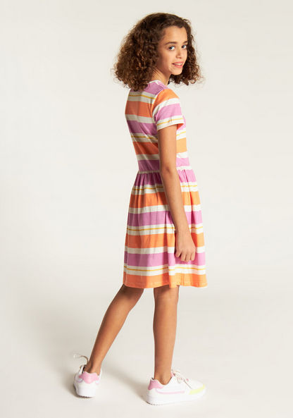 Juniors Striped Dress with Round Neck and Short Sleeves