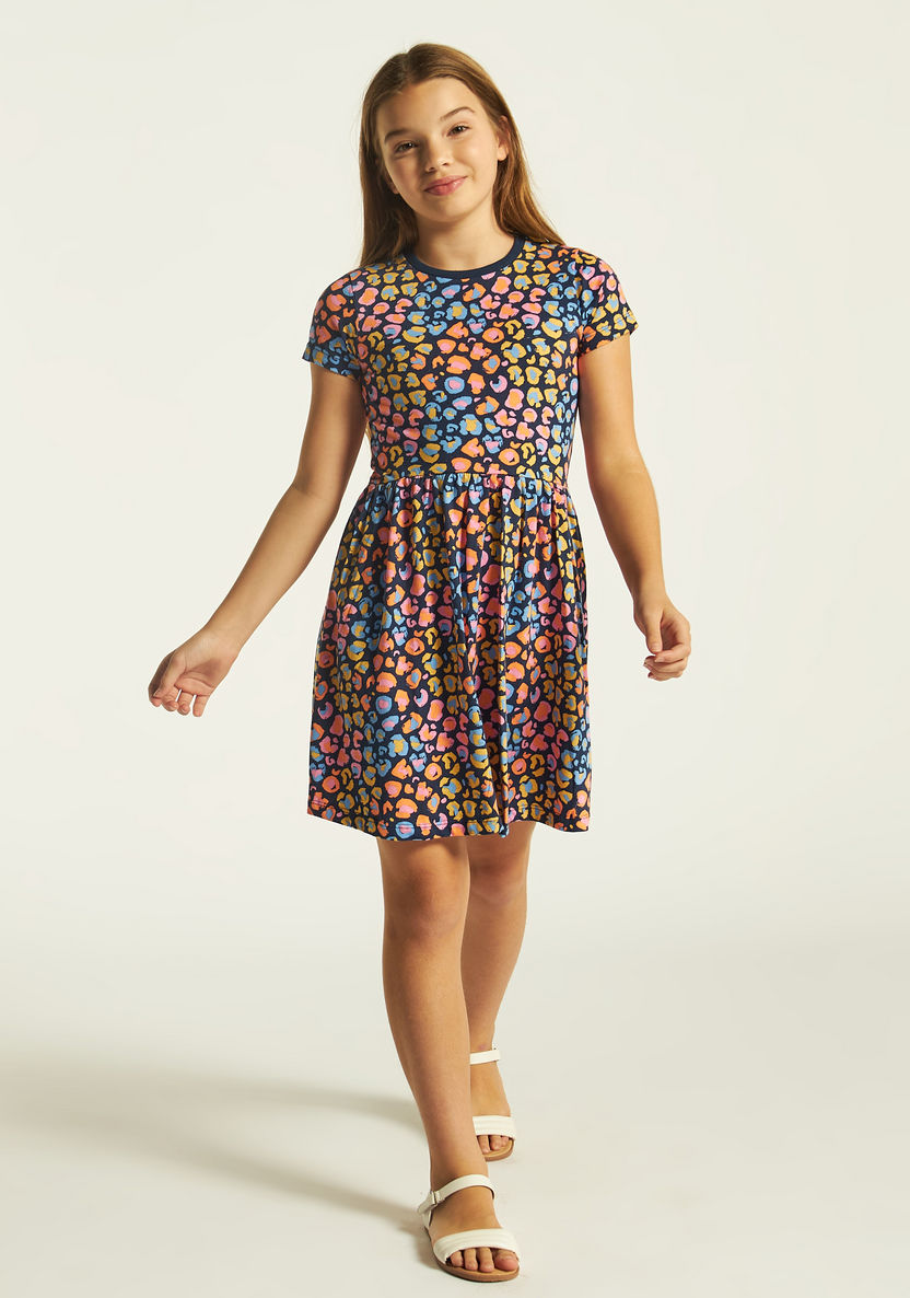 Juniors Printed Crew Neck Dress with Short Sleeves-Dresses, Gowns & Frocks-image-1