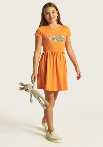 Juniors Printed A-line Dress with Short Sleeves