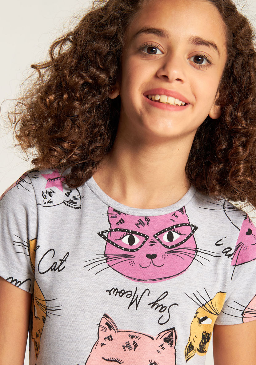 Juniors Cat Print A-line Dress with Round Neck and Short Sleeves-Dresses, Gowns & Frocks-image-1