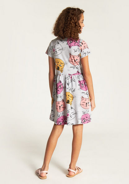 Juniors Cat Print A-line Dress with Round Neck and Short Sleeves