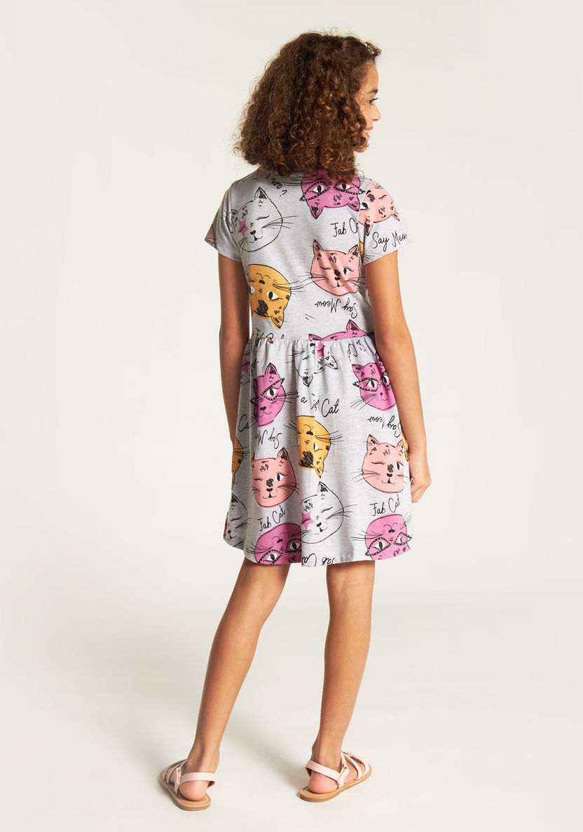 Juniors Cat Print A-line Dress with Round Neck and Short Sleeves-Dresses, Gowns & Frocks-image-2