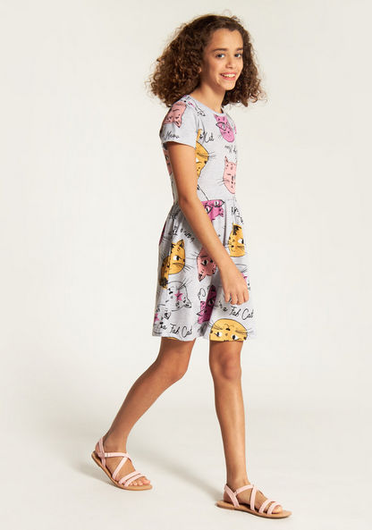 Juniors Cat Print A-line Dress with Round Neck and Short Sleeves