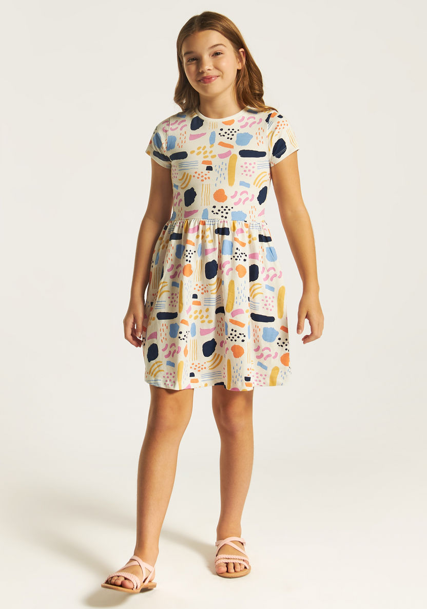 Juniors Printed A-line Dress with Short Sleeves-Dresses, Gowns & Frocks-image-1