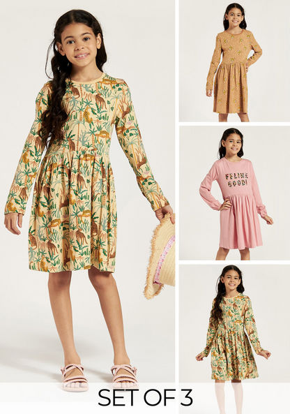 Juniors Printed A-line Dress with Long Sleeves - Set of 3-Dresses%2C Gowns and Frocks-image-0