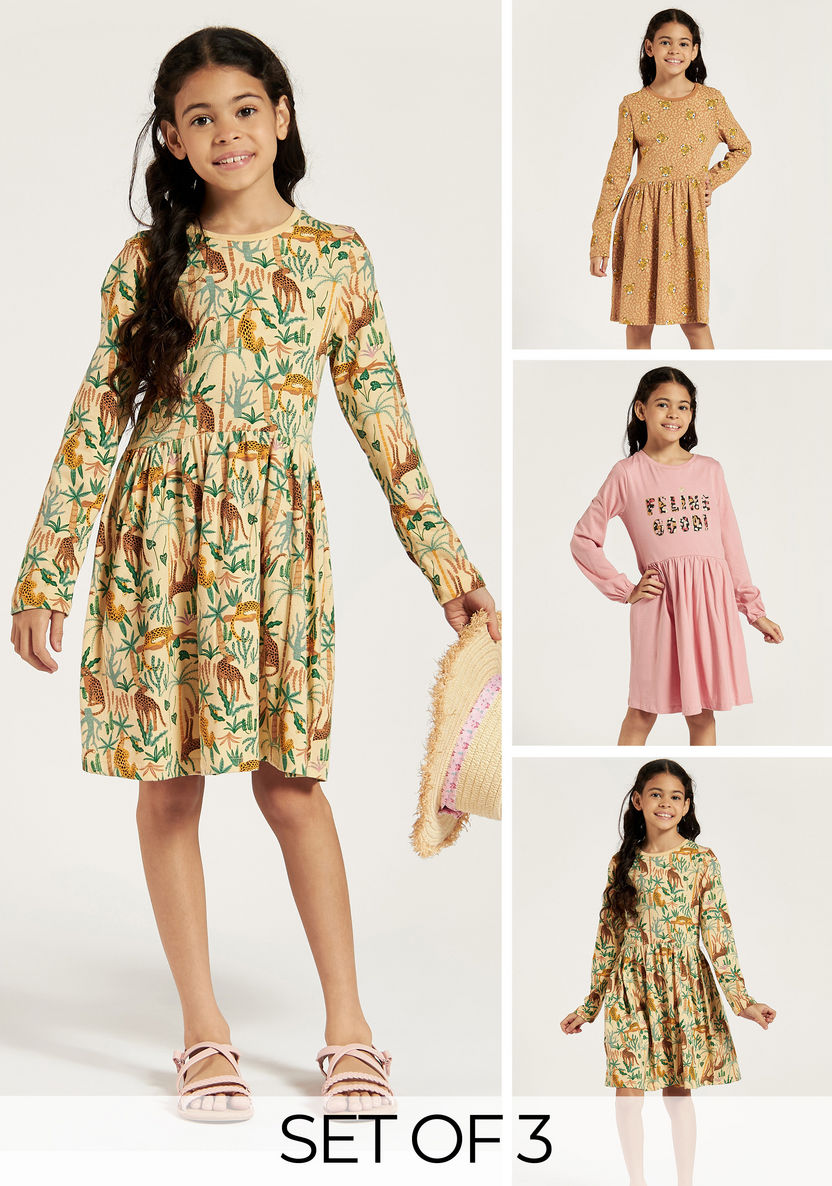 Juniors Printed A-line Dress with Long Sleeves - Set of 3-Dresses, Gowns & Frocks-image-0