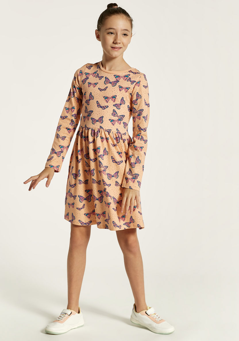 Juniors Butterfly Print Dress with Long Sleeves-Dresses, Gowns & Frocks-image-0