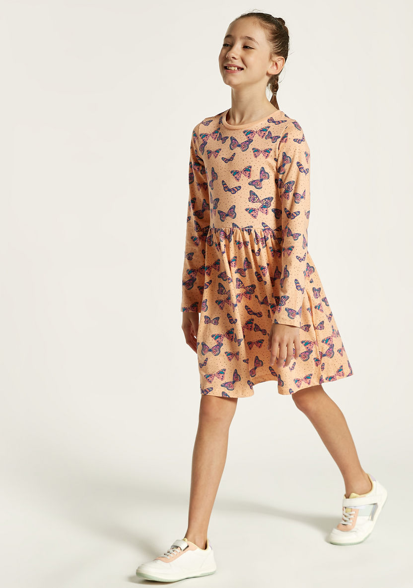 Juniors Butterfly Print Dress with Long Sleeves-Dresses, Gowns & Frocks-image-1