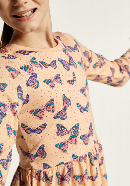 Juniors Butterfly Print Dress with Long Sleeves