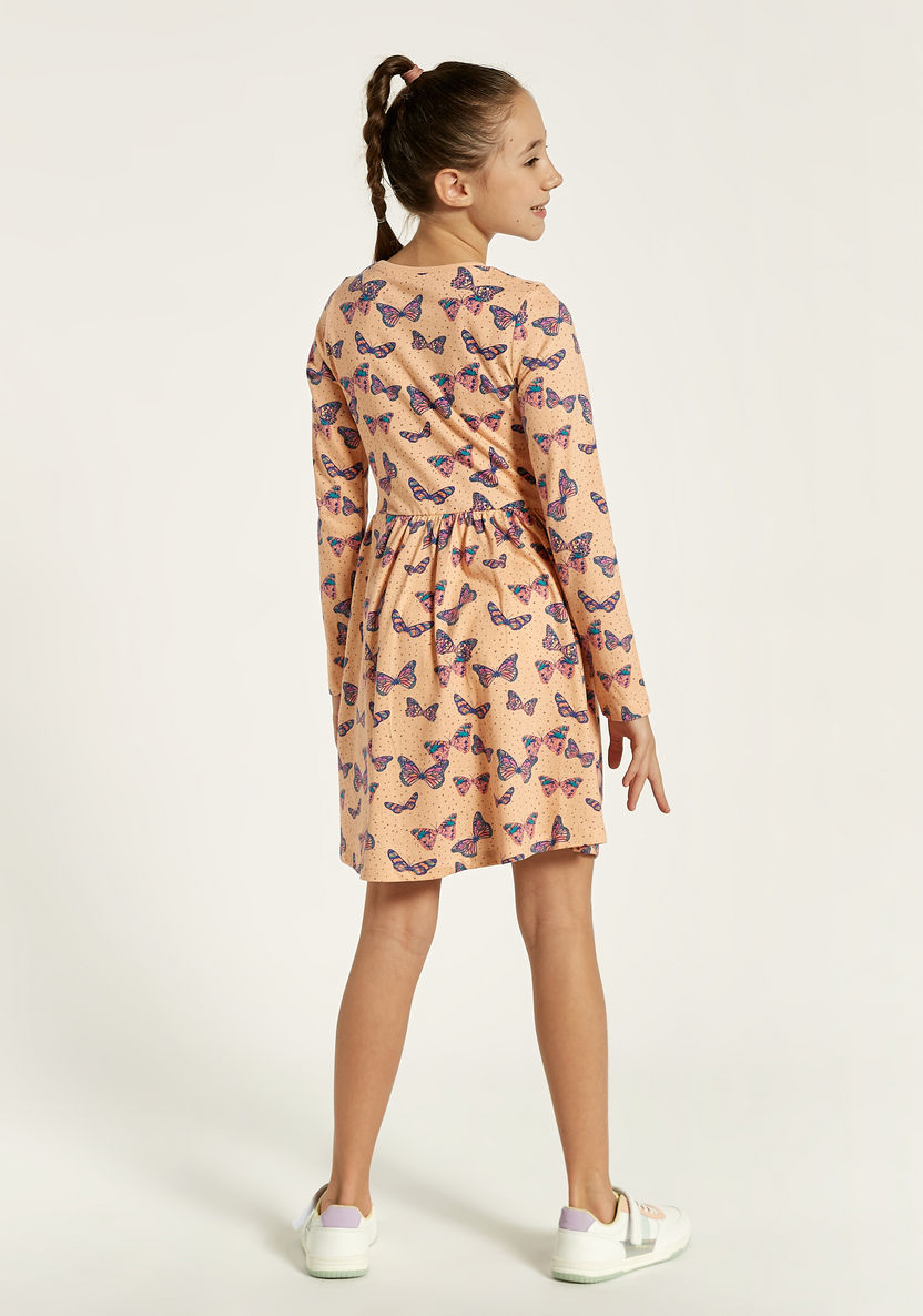 Juniors Butterfly Print Dress with Long Sleeves-Dresses, Gowns & Frocks-image-3