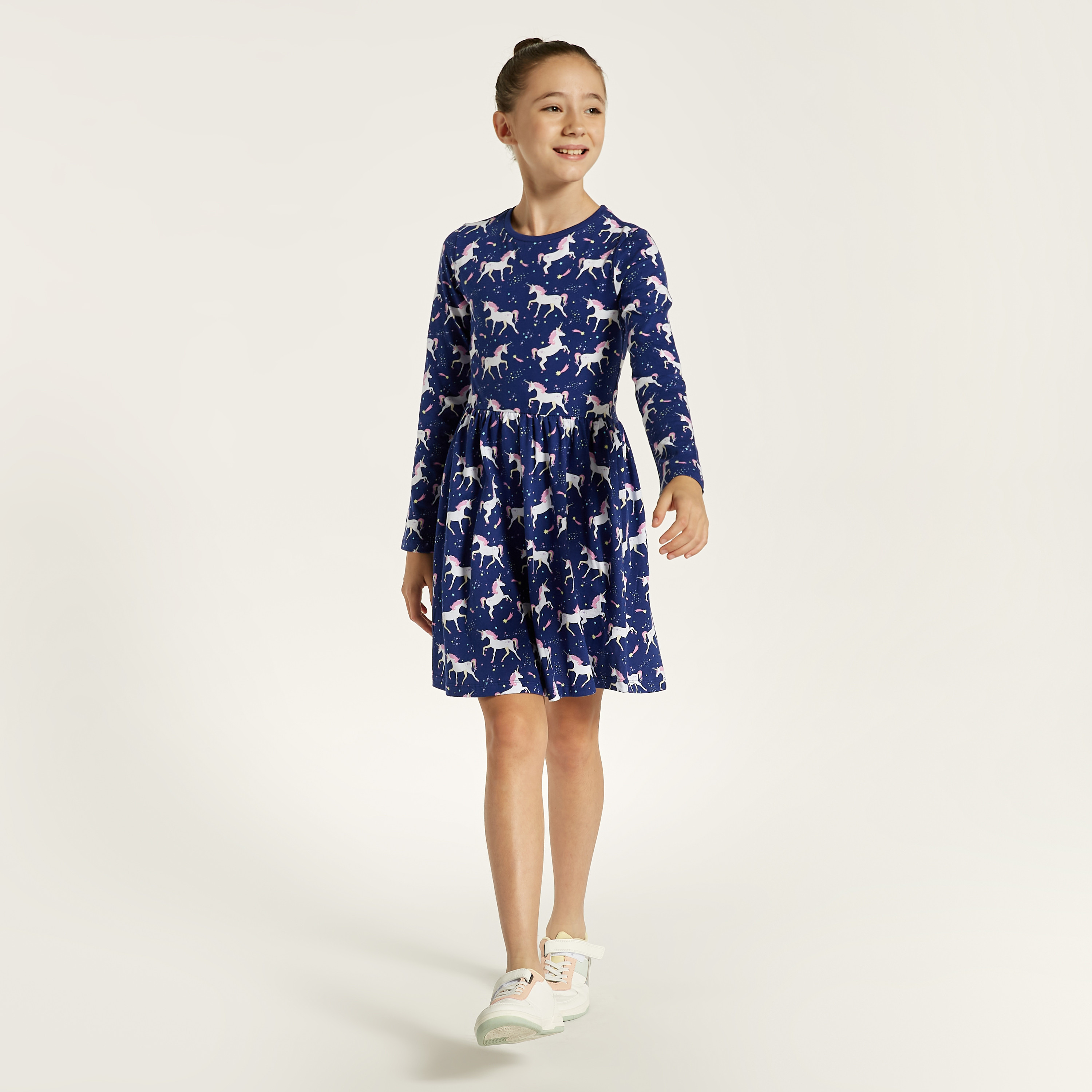 Juniors Unicorn Print Dress with Round Neck and Long Sleeves-girls-clothing-dressesandjumpsuits-image-1