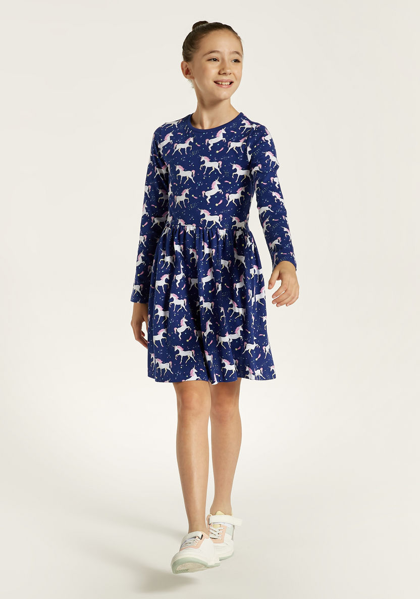 Juniors Unicorn Print Dress with Round Neck and Long Sleeves-Dresses, Gowns & Frocks-image-0