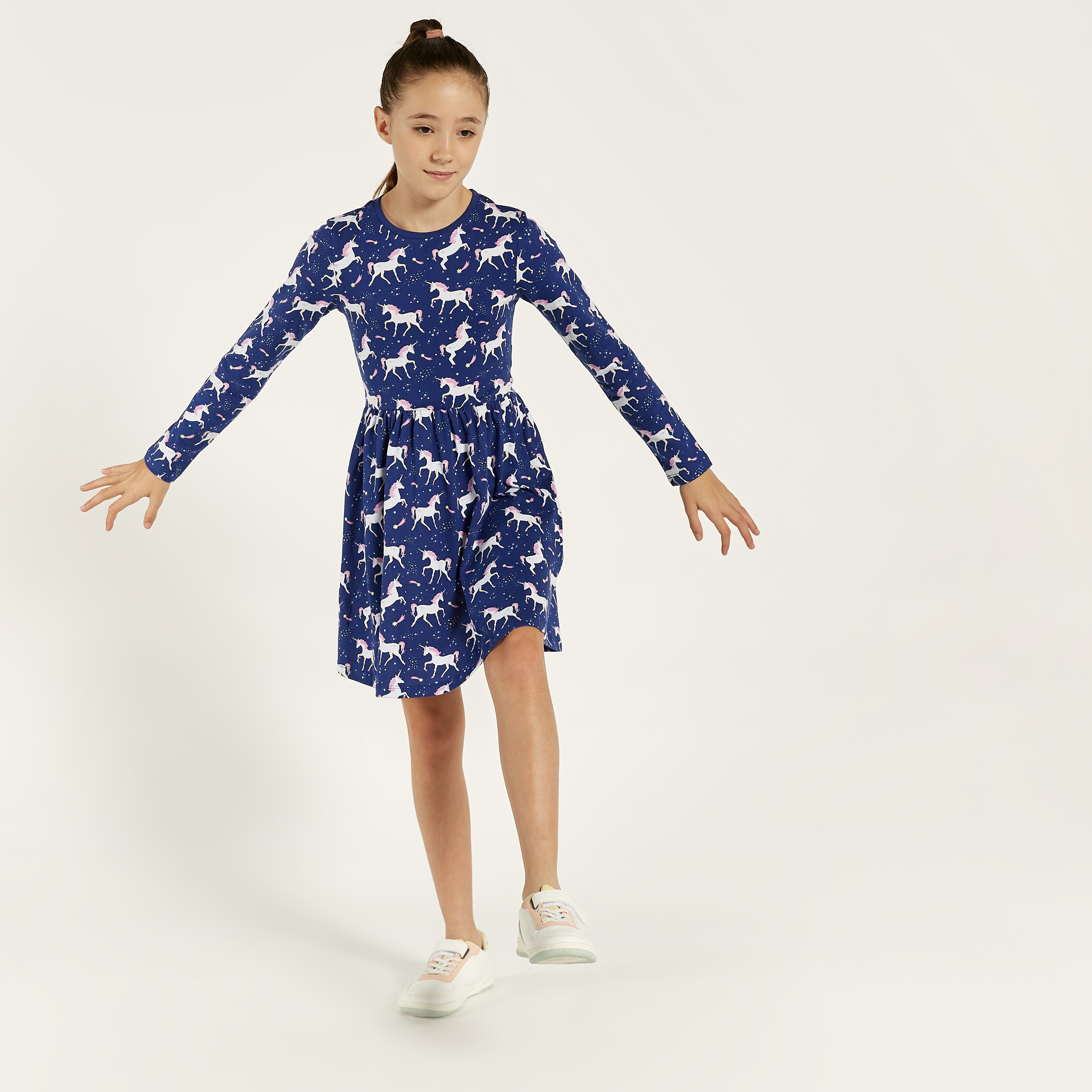 Juniors Unicorn Print Dress with Round Neck and Long Sleeves-girls-clothing-dressesandjumpsuits-image-2