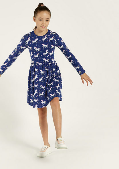 Juniors Unicorn Print Dress with Round Neck and Long Sleeves