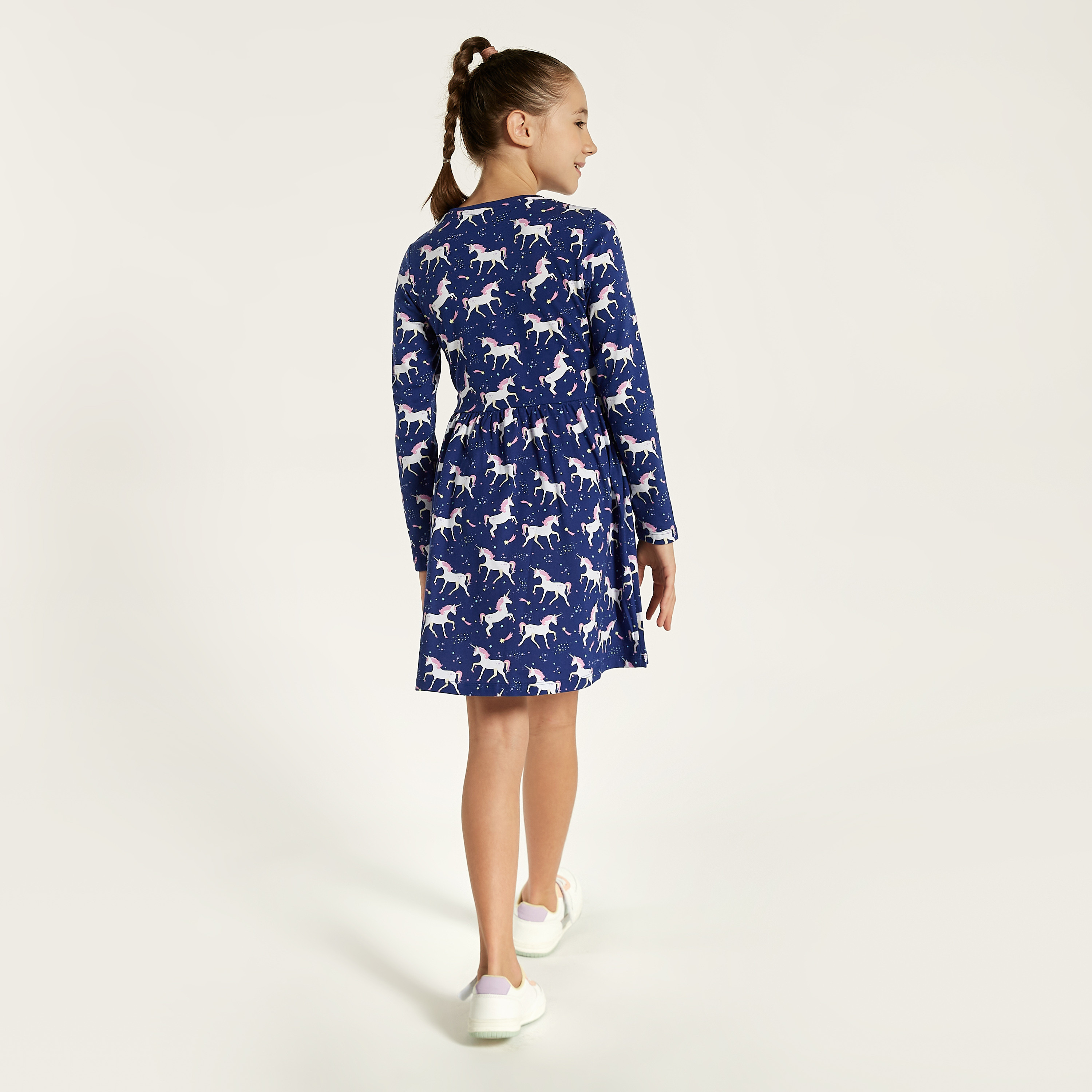 Juniors Unicorn Print Dress with Round Neck and Long Sleeves-girls-clothing-dressesandjumpsuits-image-4