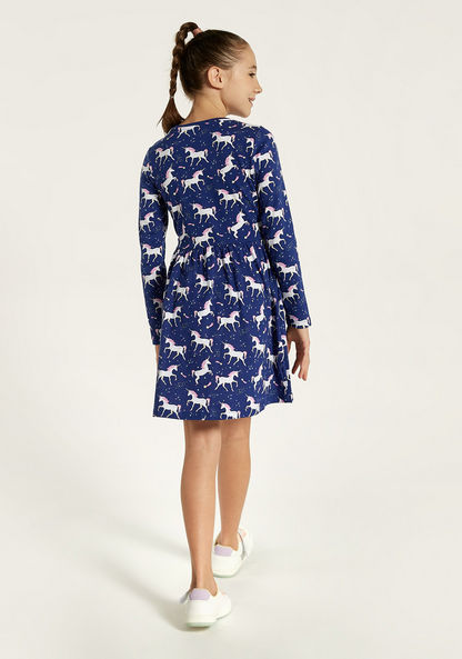 Juniors Unicorn Print Dress with Round Neck and Long Sleeves