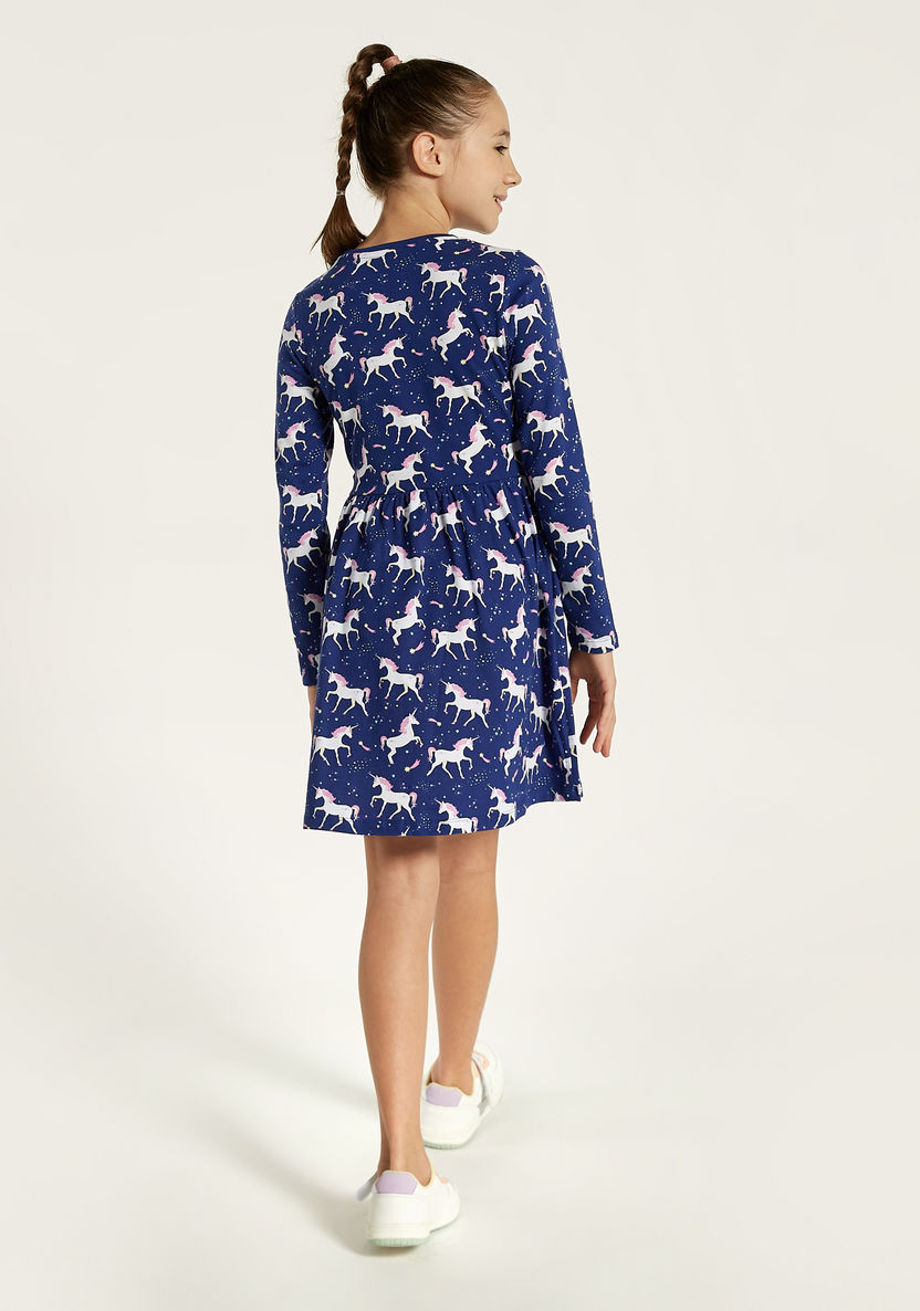 Juniors Unicorn Print Dress with Round Neck and Long Sleeves-Dresses, Gowns & Frocks-image-3