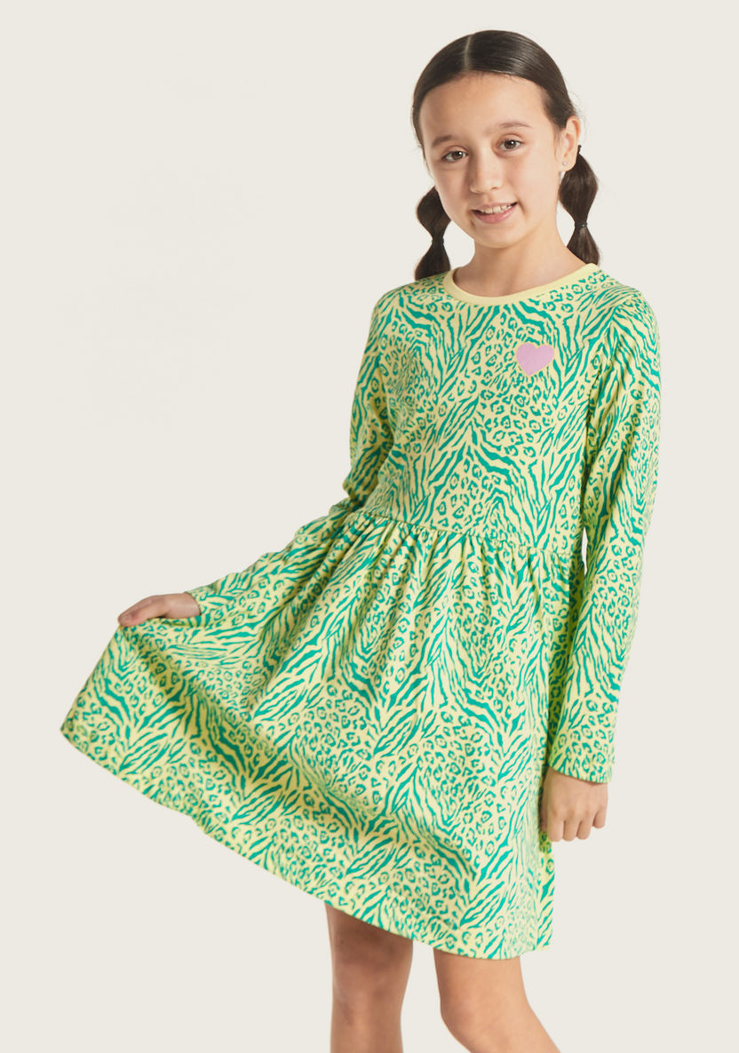 Juniors Printed Dress with Round Neck and Long Sleeves-Dresses, Gowns & Frocks-image-2