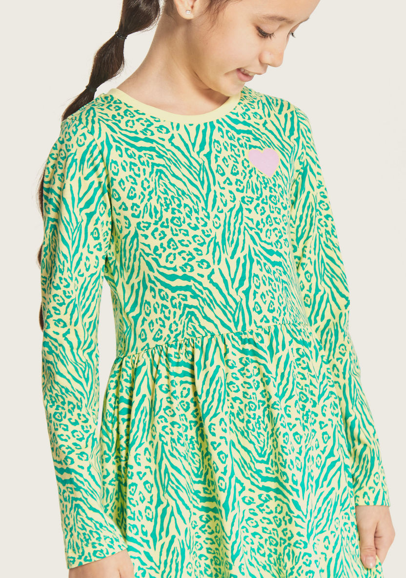 Juniors Printed Dress with Round Neck and Long Sleeves-Dresses, Gowns & Frocks-image-3
