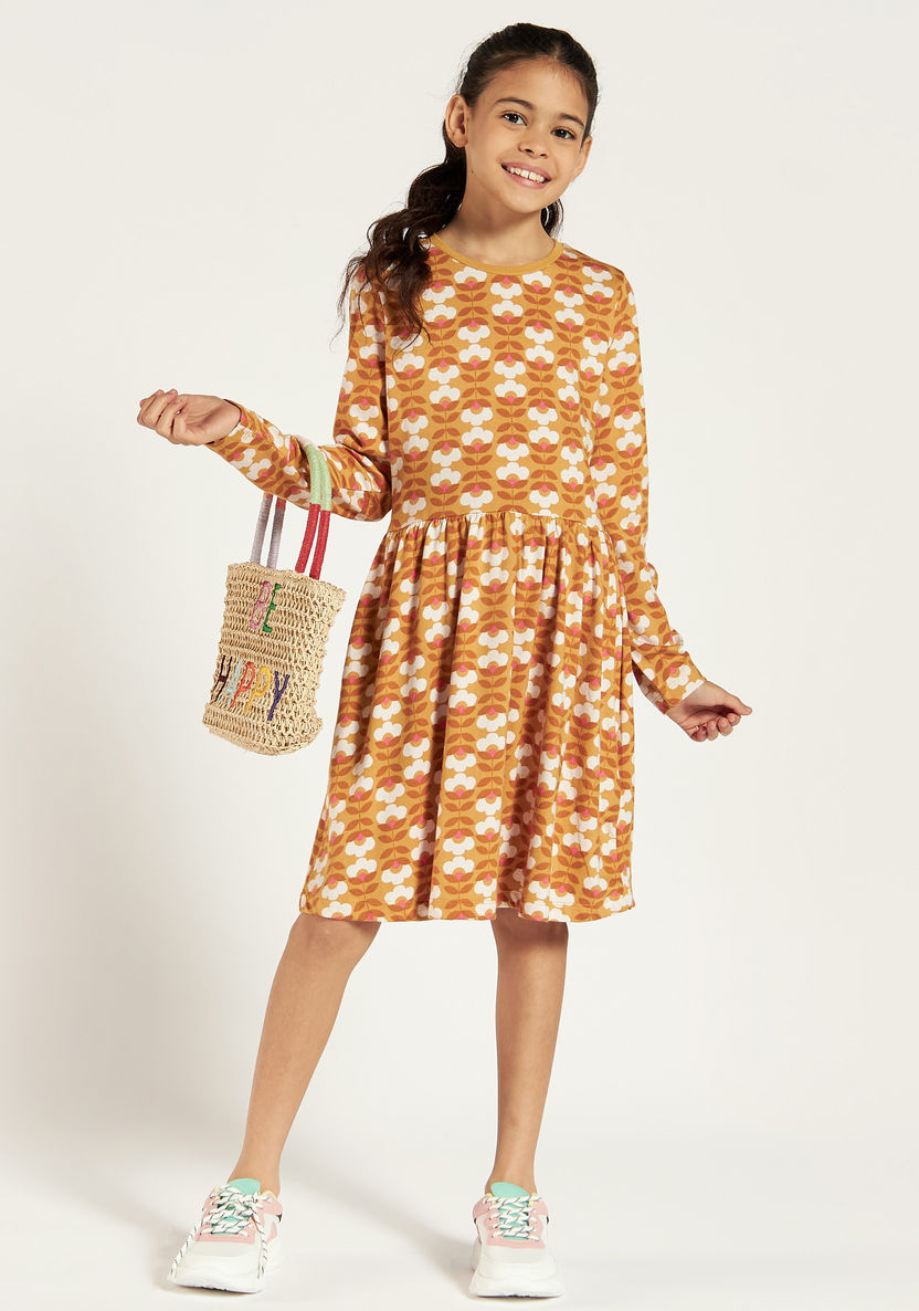 Juniors Floral Print Dress with Round Neck and Long Sleeves-Dresses, Gowns & Frocks-image-0
