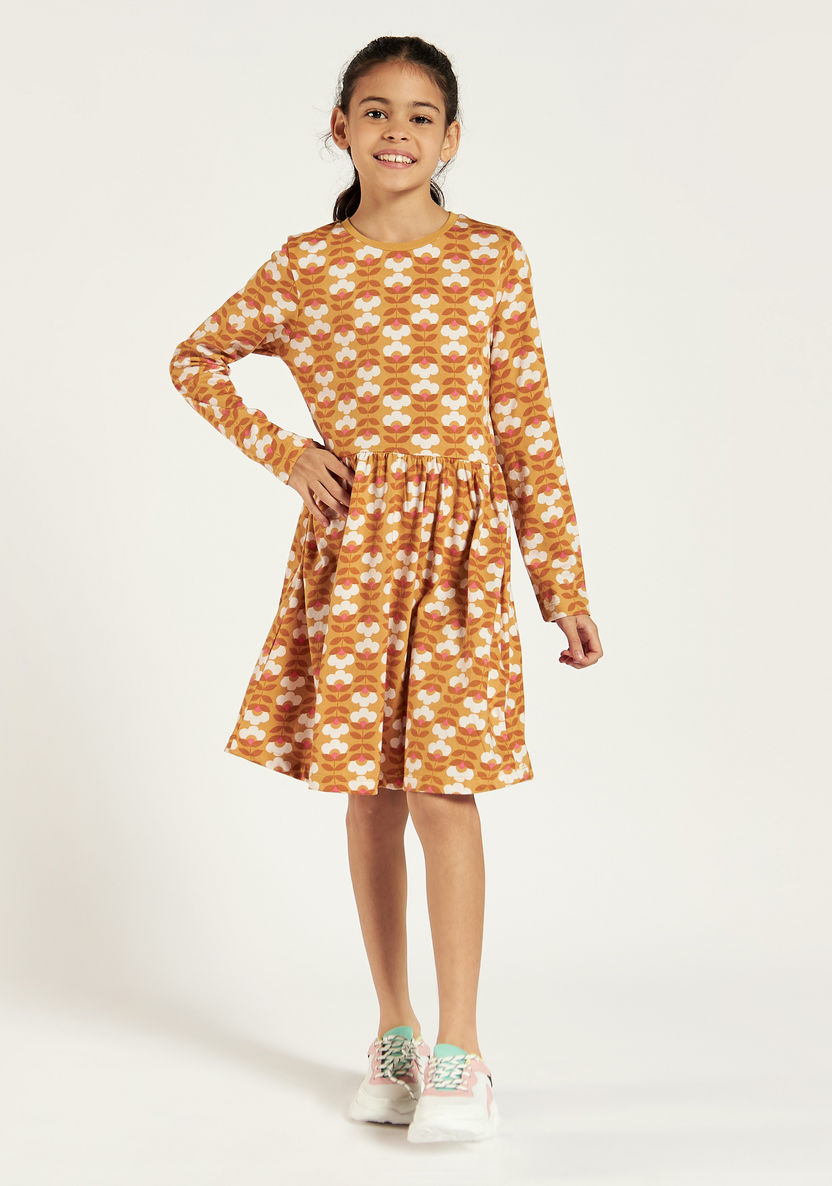 Juniors Floral Print Dress with Round Neck and Long Sleeves-Dresses, Gowns & Frocks-image-1