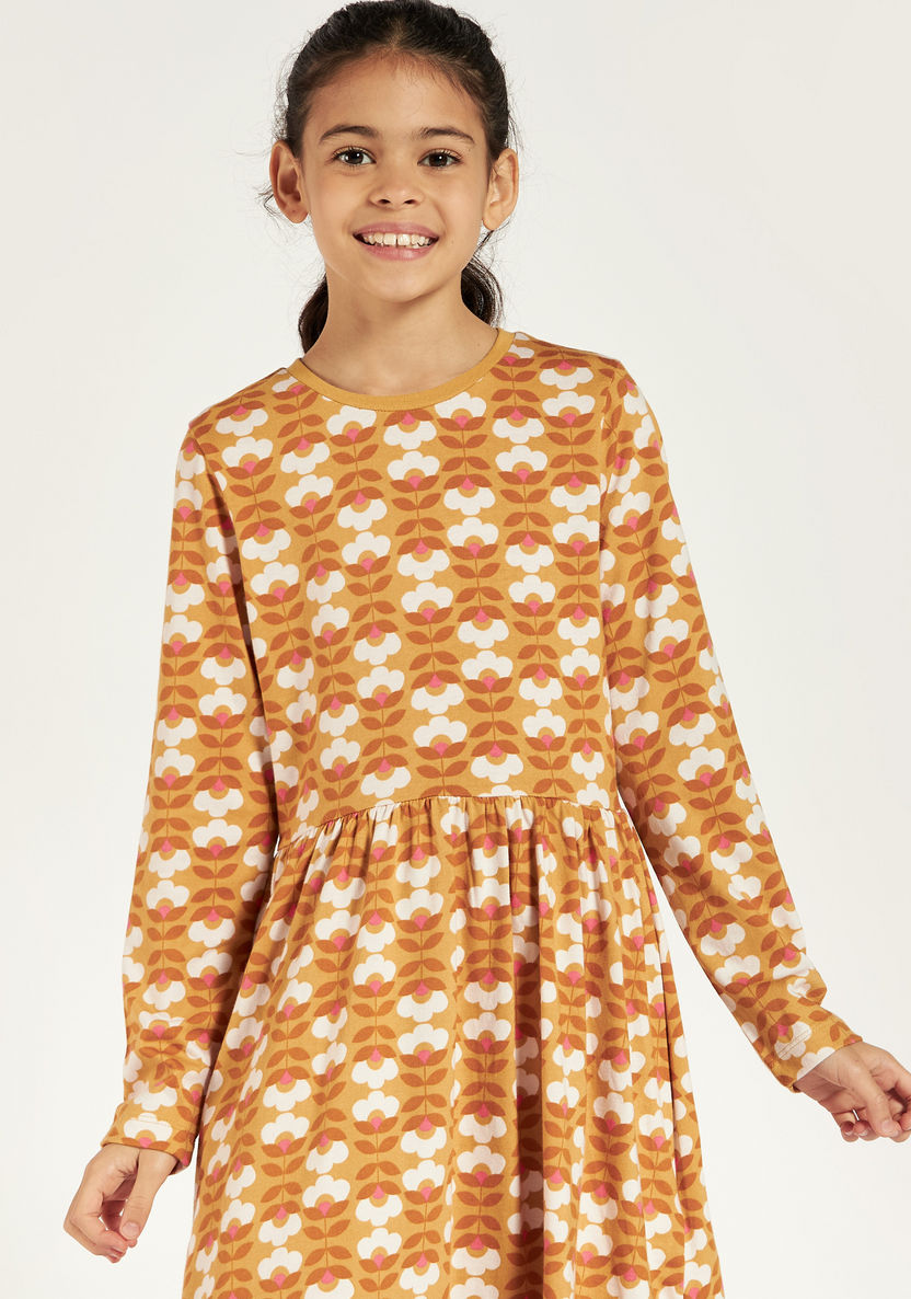 Juniors Floral Print Dress with Round Neck and Long Sleeves-Dresses, Gowns & Frocks-image-2