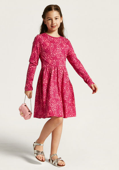 Juniors Printed Round Neck Dress with Long Sleeves