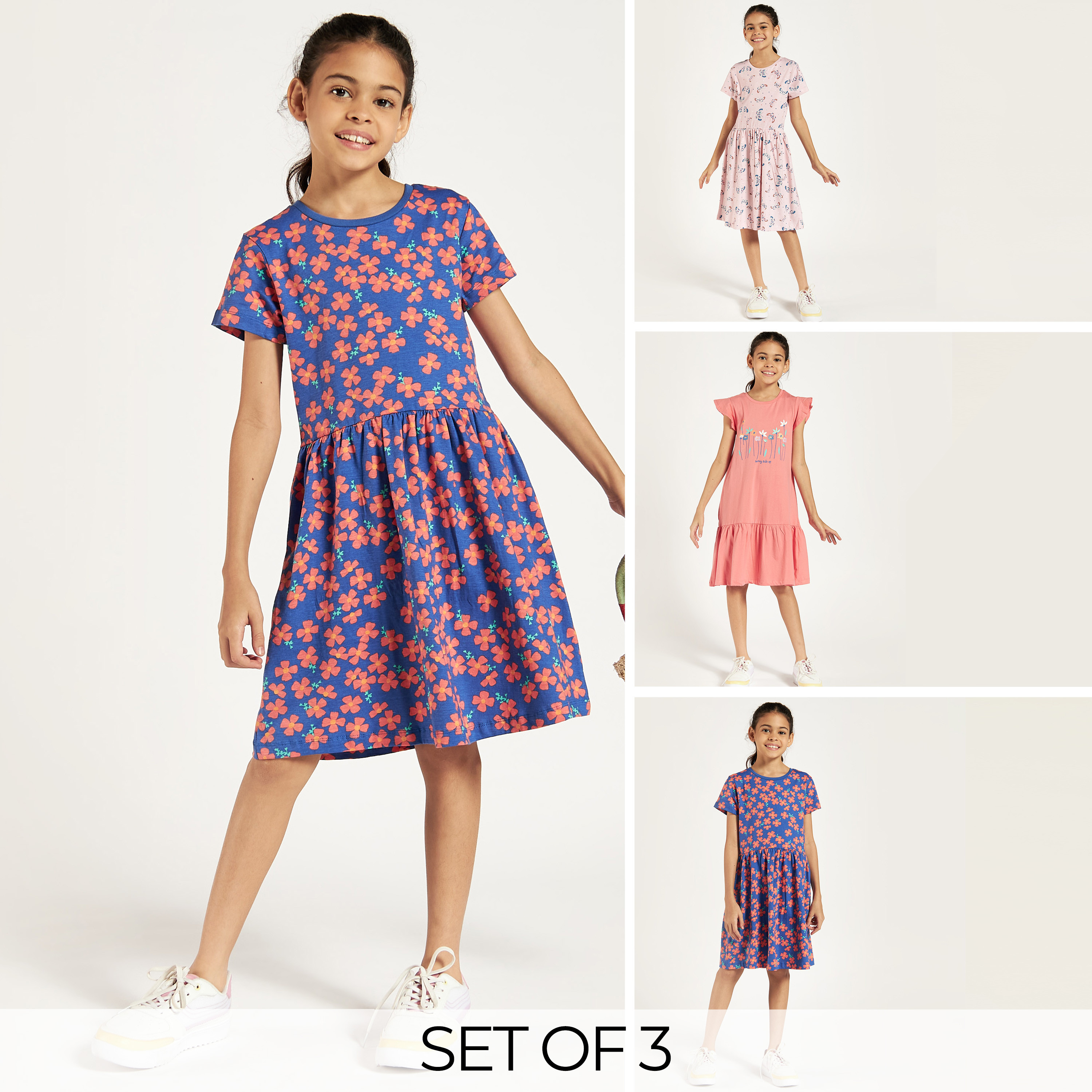 Juniors Printed Round Neck Dress - Set of 3-girls-clothing-multipacks-image-1