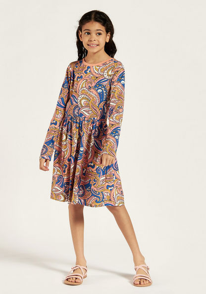 Juniors Paisley Print Round Neck Dress with Long Sleeves