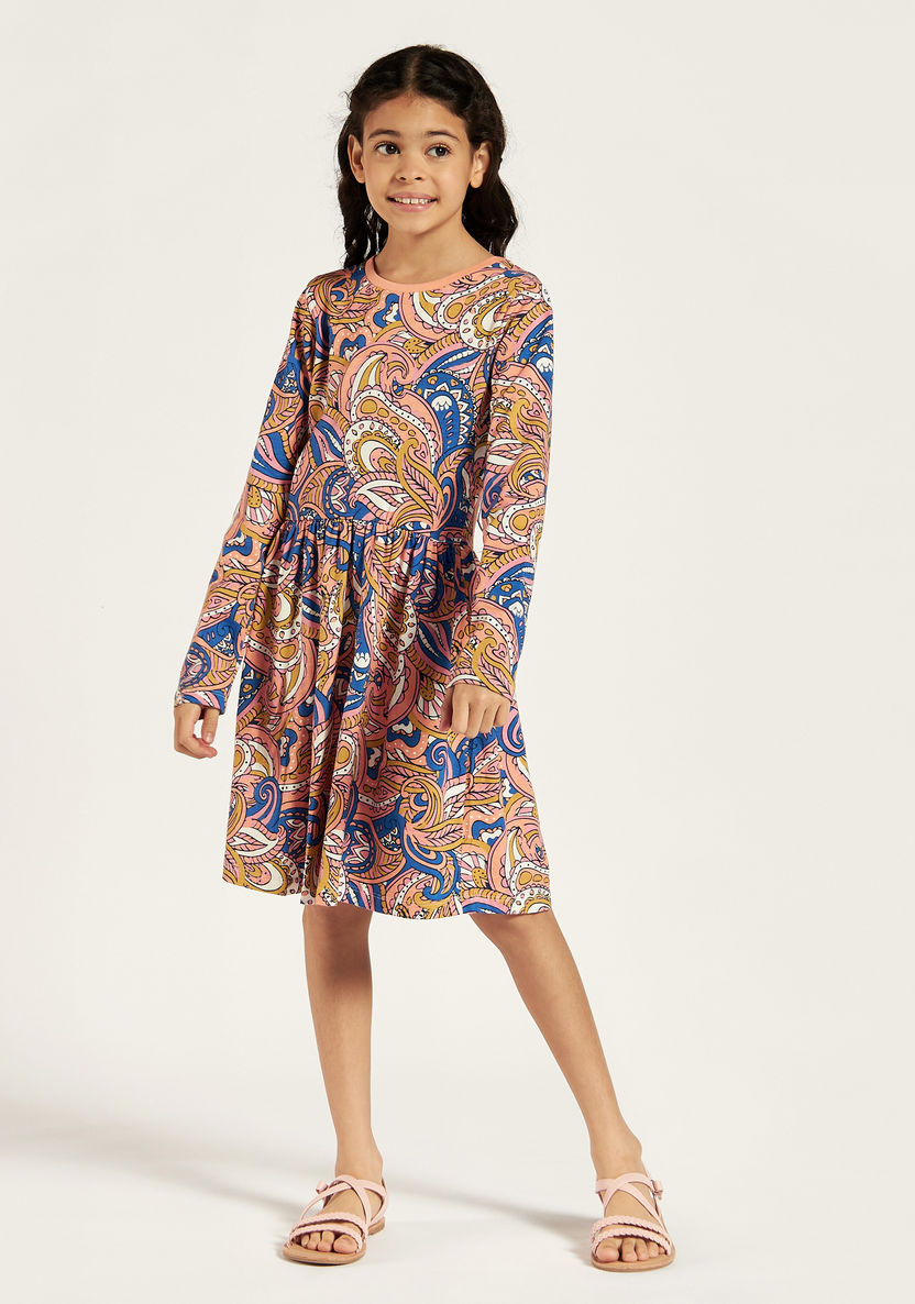 Juniors Paisley Print Round Neck Dress with Long Sleeves-Dresses, Gowns & Frocks-image-1