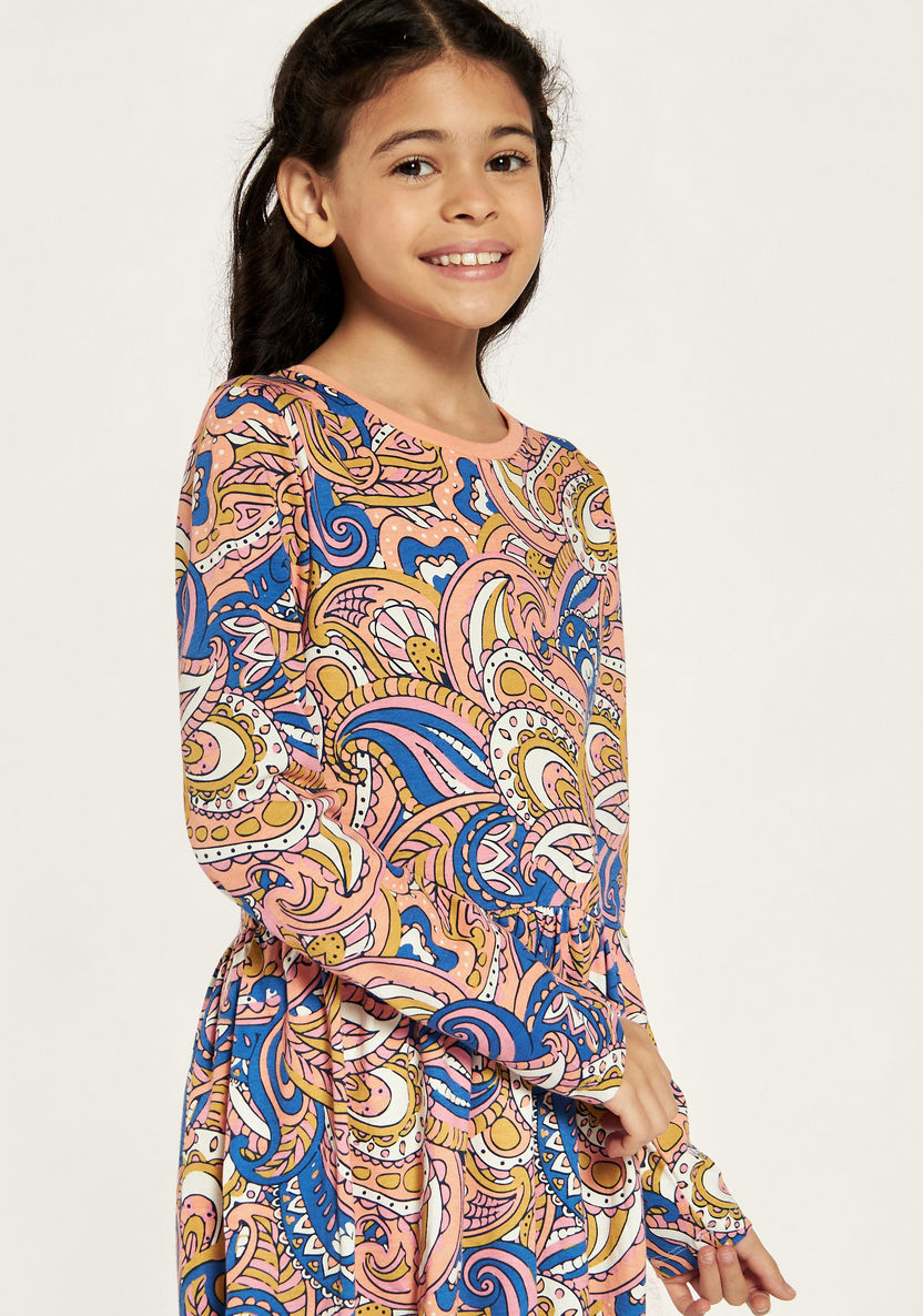 Juniors Paisley Print Round Neck Dress with Long Sleeves-Dresses, Gowns & Frocks-image-2