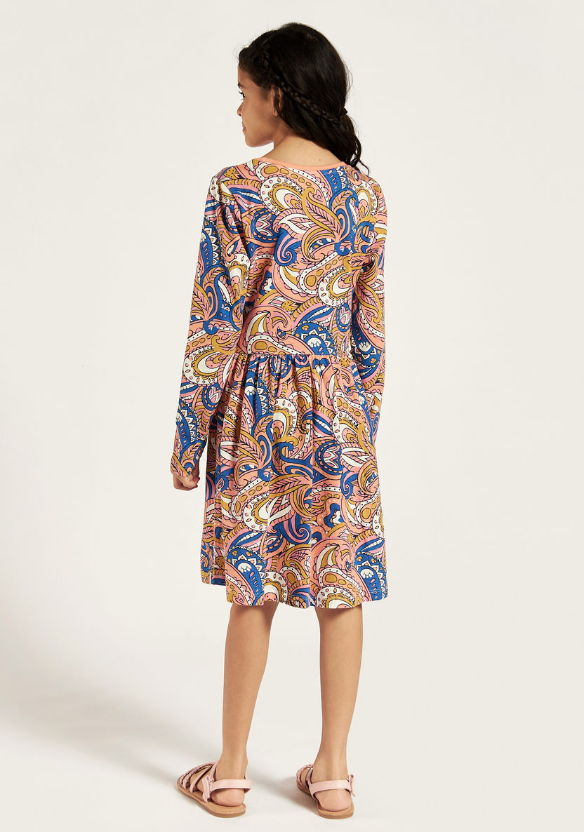 Juniors Paisley Print Round Neck Dress with Long Sleeves-Dresses, Gowns & Frocks-image-3