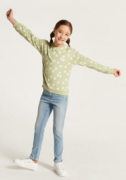 Juniors All Over Floral Print Sweatshirt with Round Neck and Long Sleeves