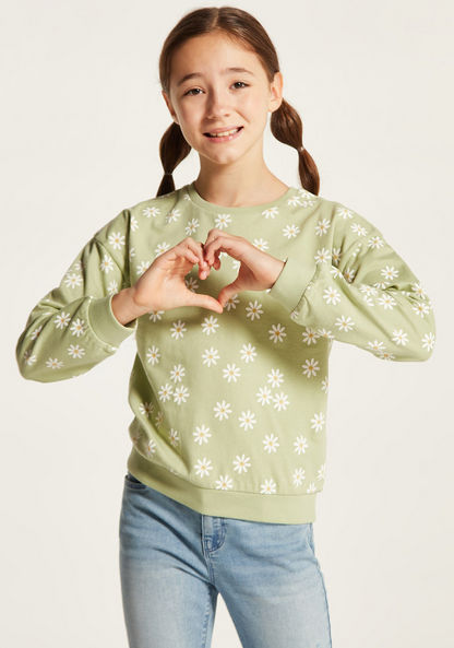 Juniors All Over Floral Print Sweatshirt with Round Neck and Long Sleeves-Sweatshirts-image-1