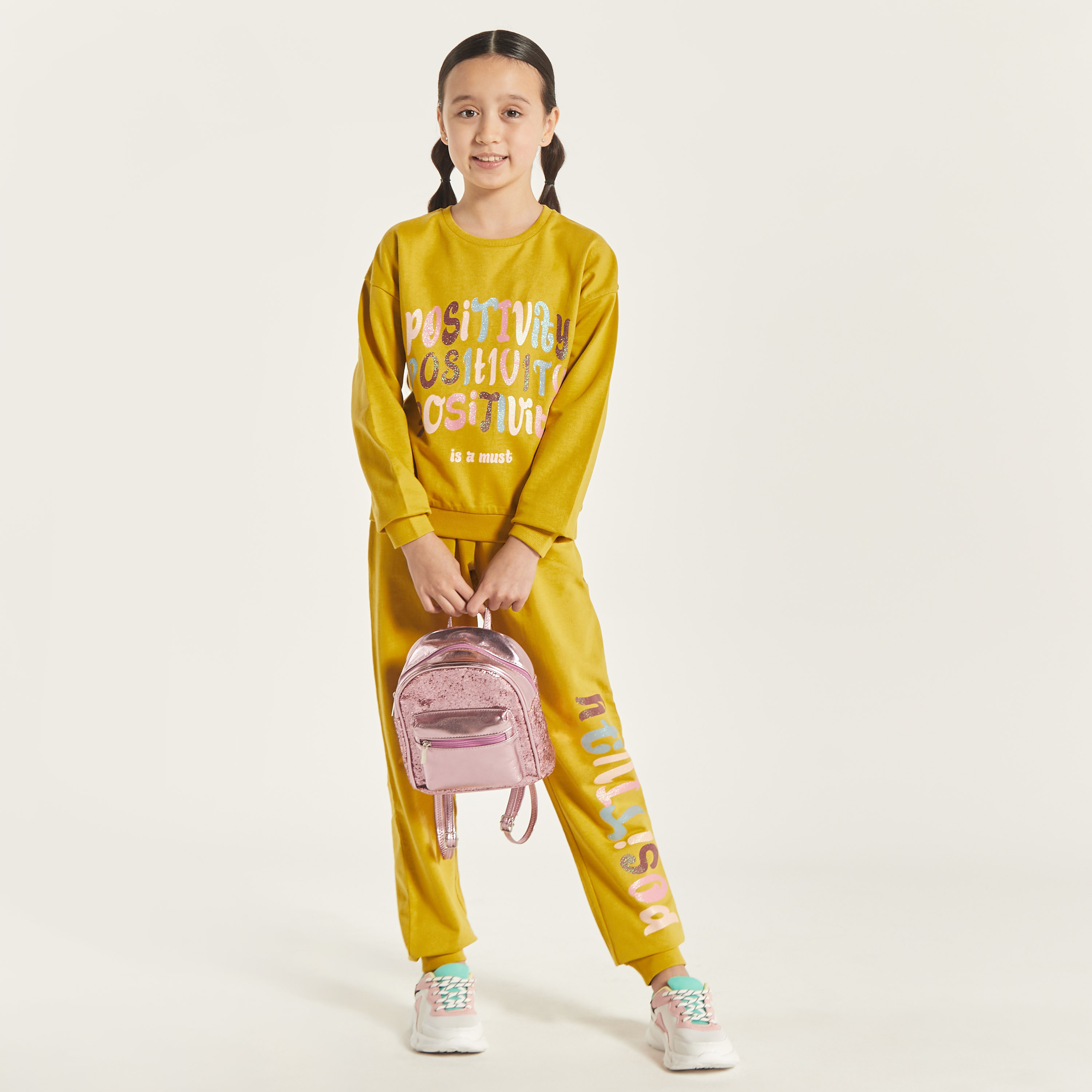 Juniors Typographic Print Sweatshirt with Round Neck and Long Sleeves-girls-clothing-sweatshirts-image-1