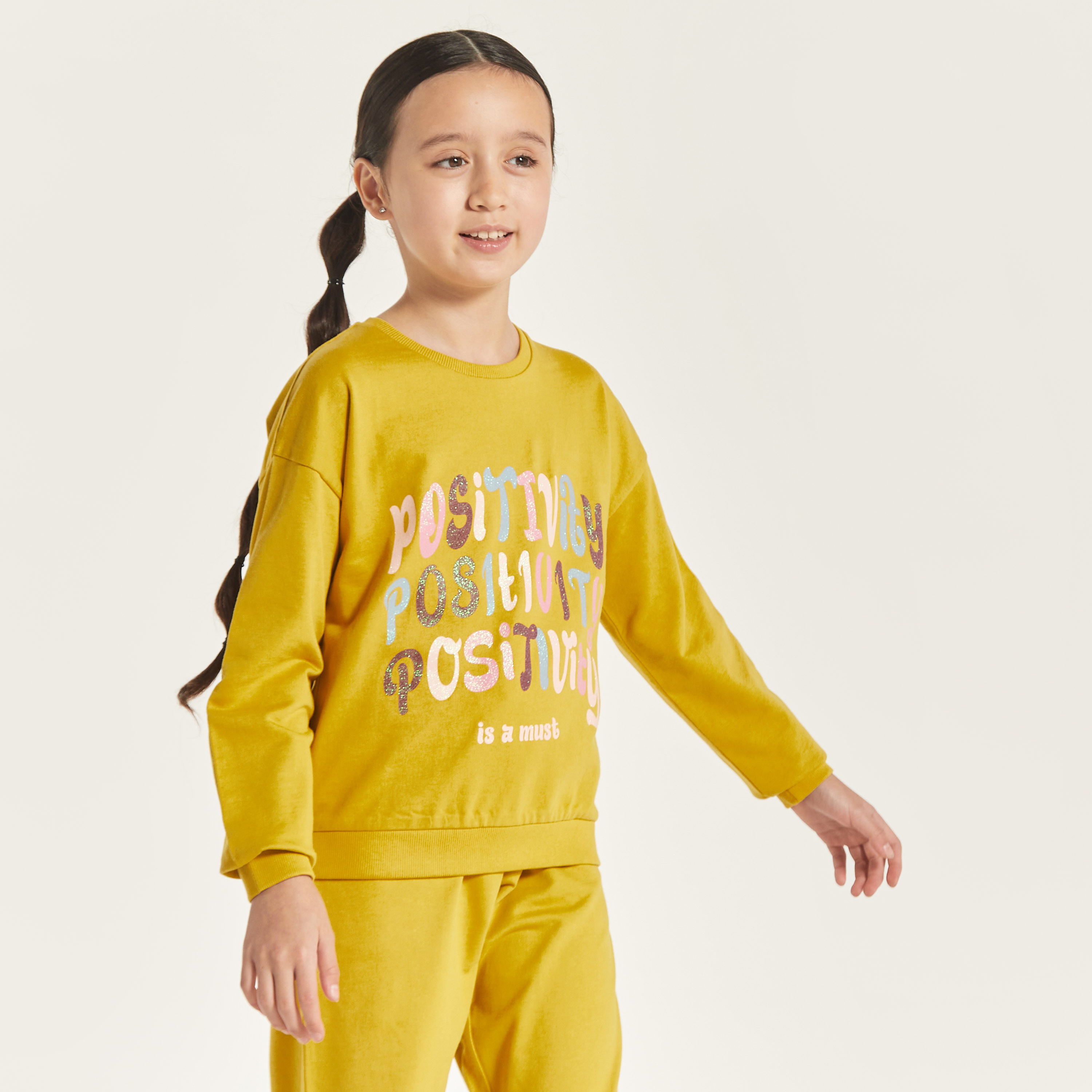 Juniors Typographic Print Sweatshirt with Round Neck and Long Sleeves-girls-clothing-sweatshirts-image-2