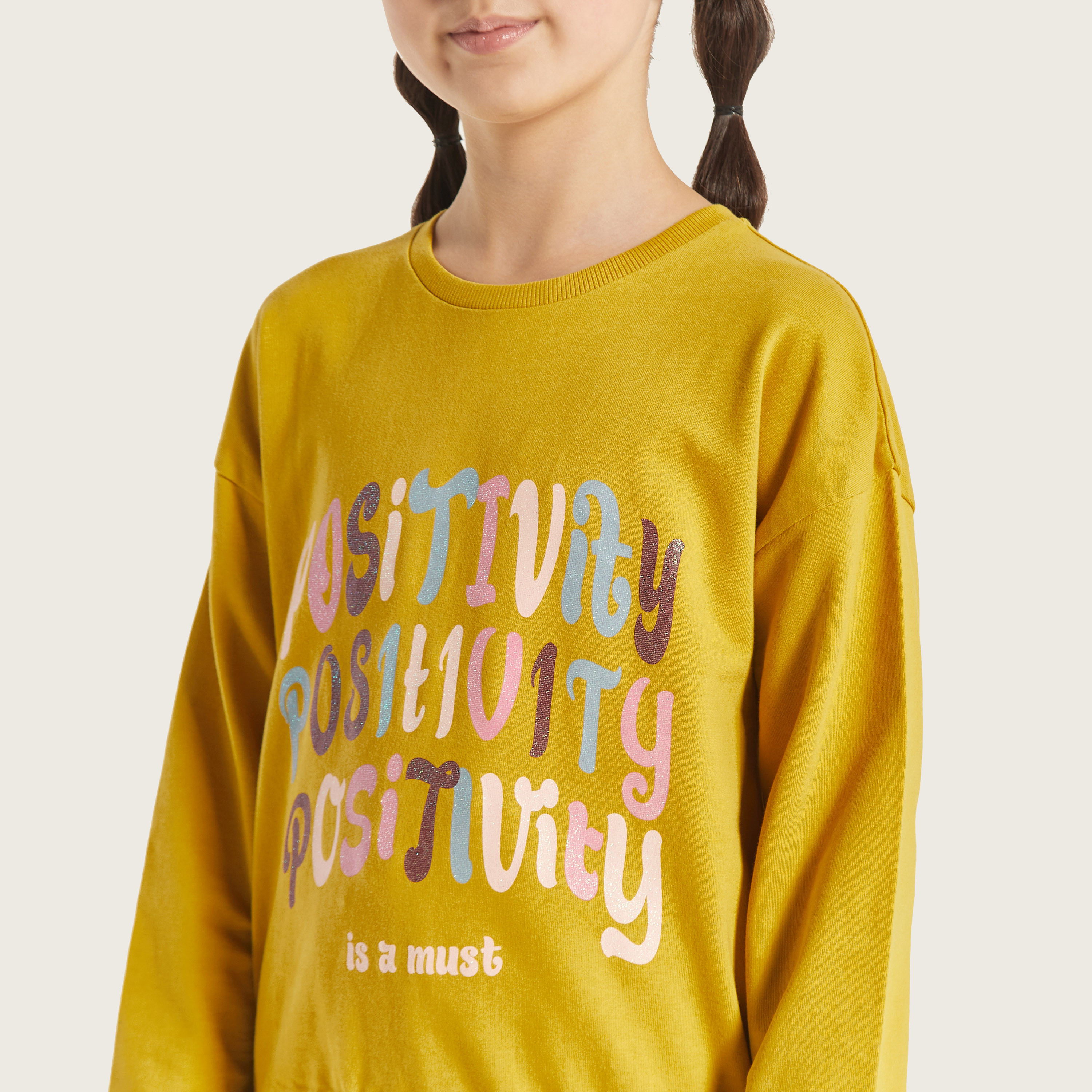 Juniors Typographic Print Sweatshirt with Round Neck and Long Sleeves-girls-clothing-sweatshirts-image-3