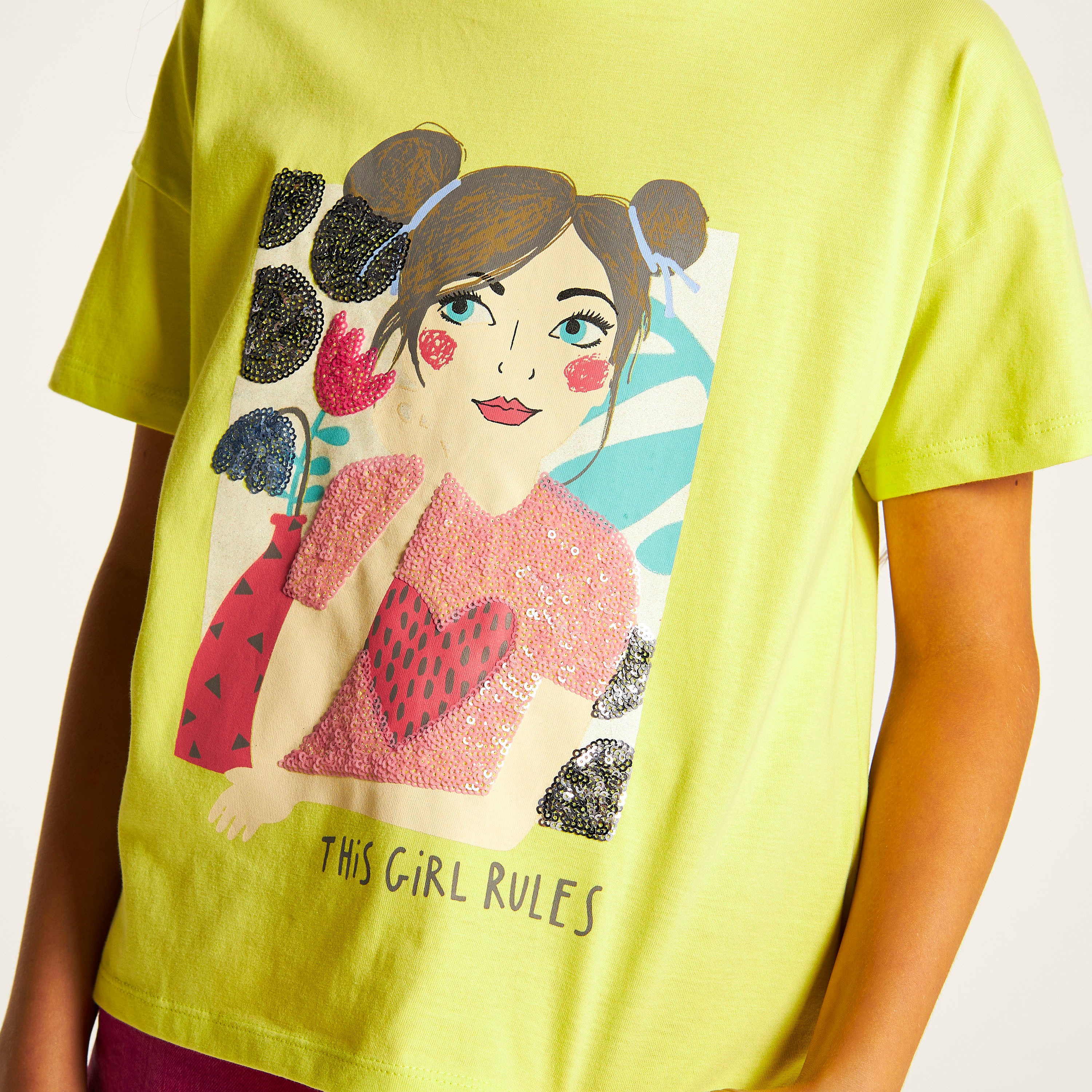 تيشيرت مزين بالترتر بياقة ضيقة وأكمام قصيرة من جونيورز-girls-clothing-schoolwear-tshirts-image-3