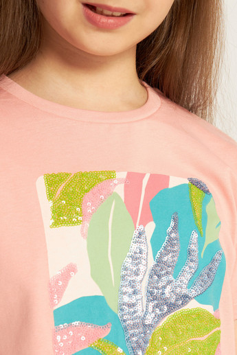 Juniors Sequinned T-shirt with Crew Neck and Short Sleeves