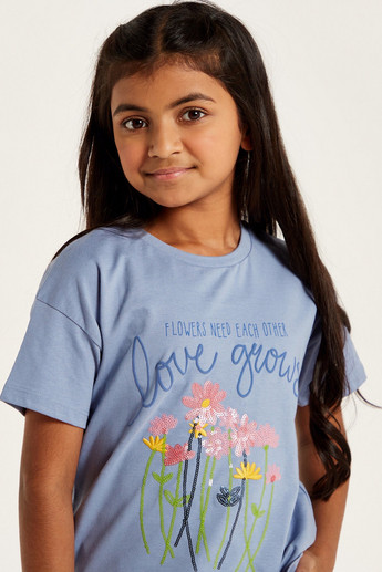Juniors Sequinned T-shirt with Short Sleeves and Round Neck
