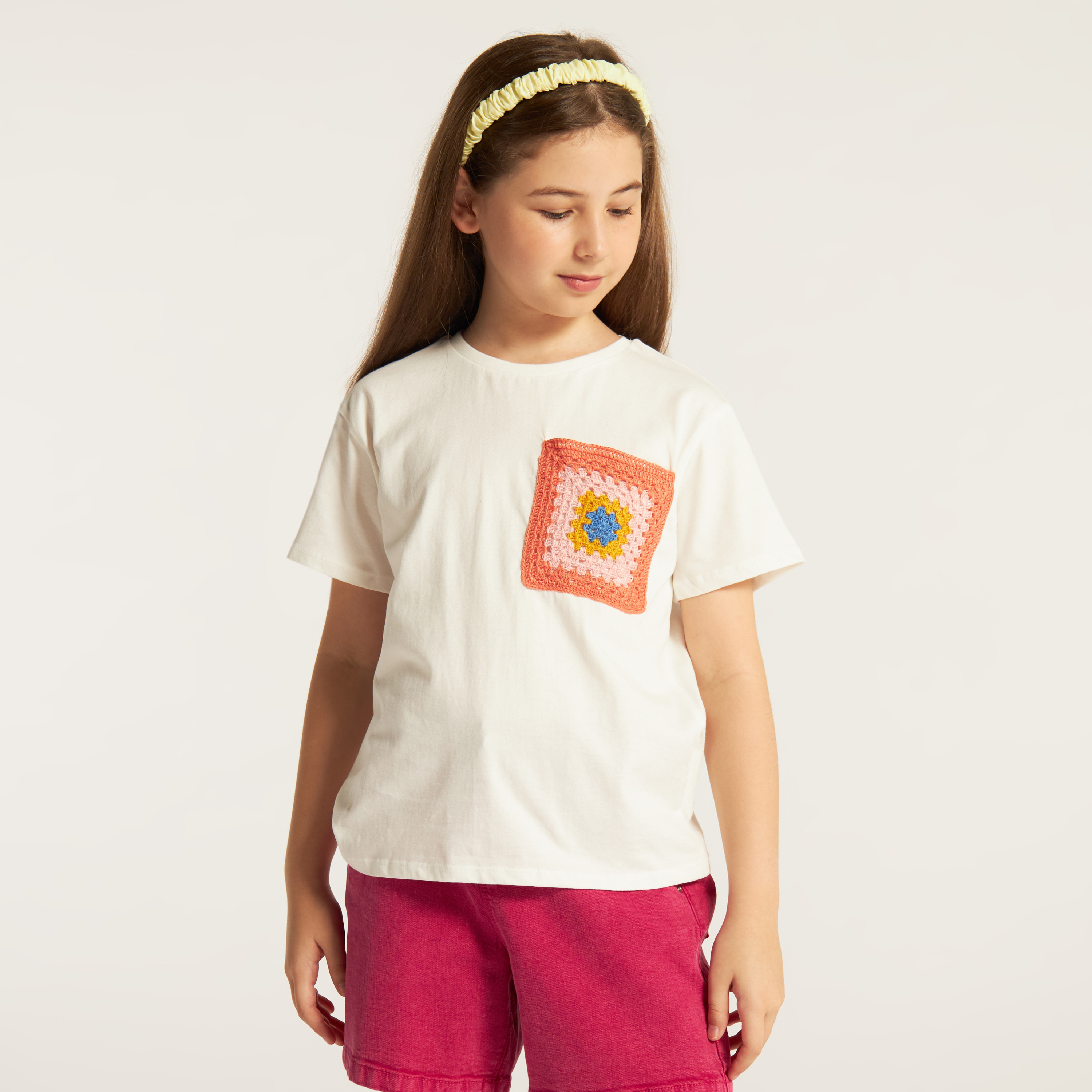 Juniors Crochet Patch Detail T-shirt with Short Sleeves-girls-clothing-schoolwear-tshirts-image-1