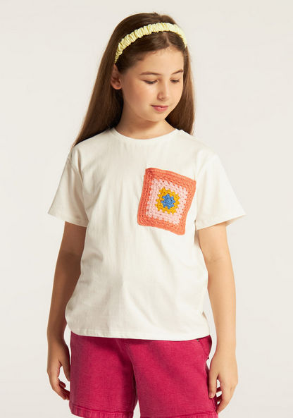 Juniors Crochet Patch Detail T-shirt with Short Sleeves-T Shirts-image-0