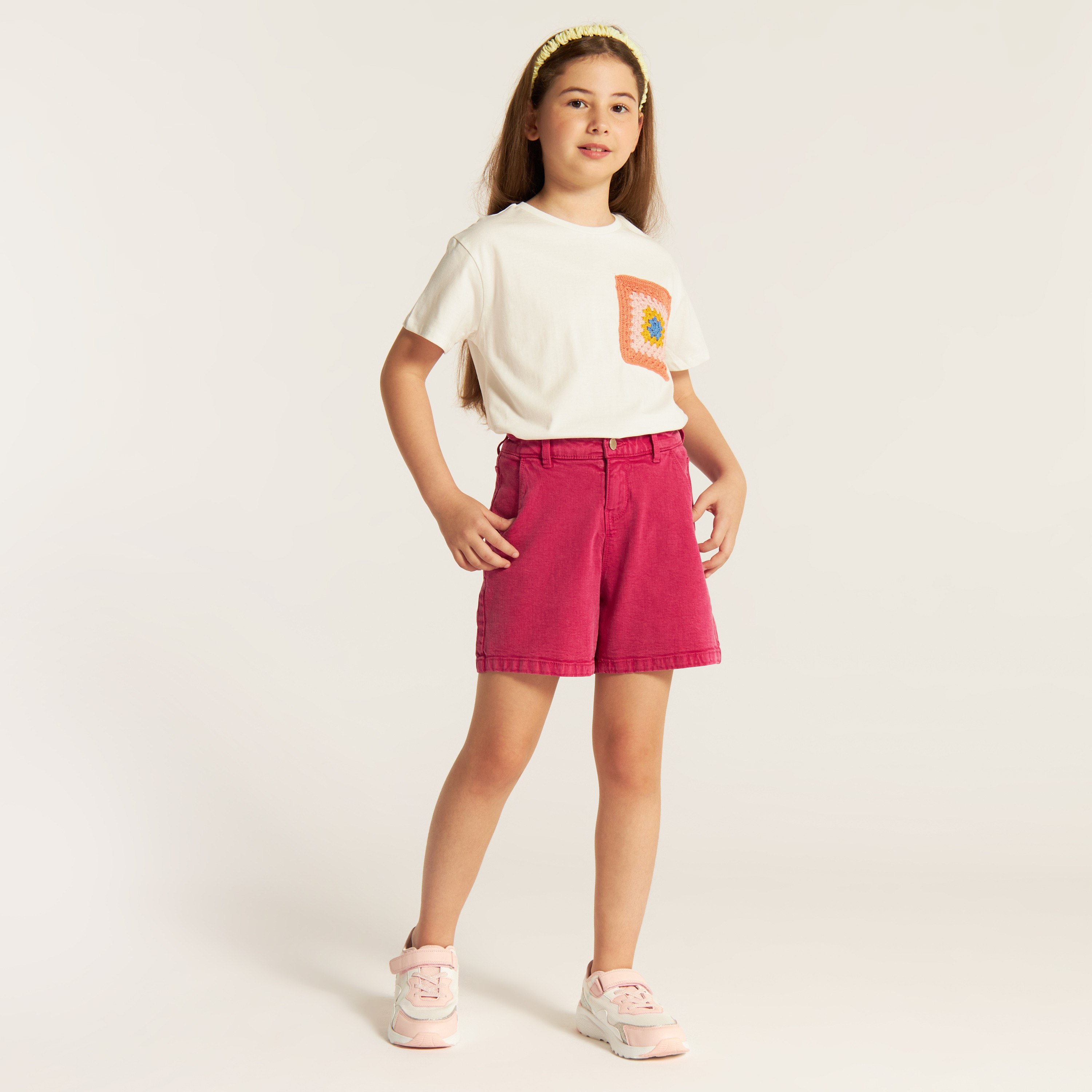 Juniors Crochet Patch Detail T-shirt with Short Sleeves-girls-clothing-schoolwear-tshirts-image-2