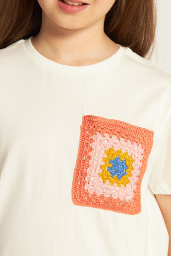 Juniors Crochet Patch Detail T-shirt with Short Sleeves