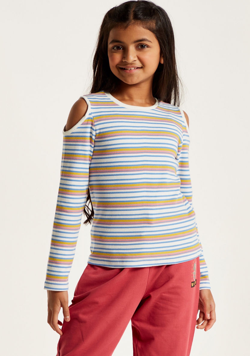 Juniors Striped Top with Cold Shoulder and Long Sleeves-T Shirts-image-1