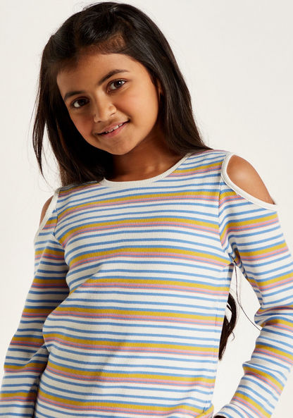 Juniors Striped Top with Cold Shoulder and Long Sleeves